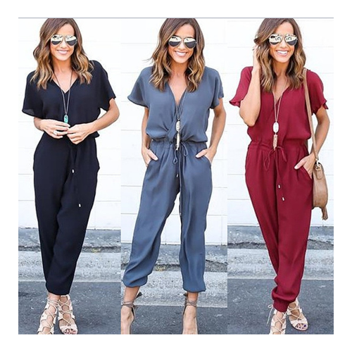 Womens Sexy V Neck Drawstring Chiffon Jumpsuit Lady Evening Party Playsuit Woman Short Sleeve Romper Pants Image 1