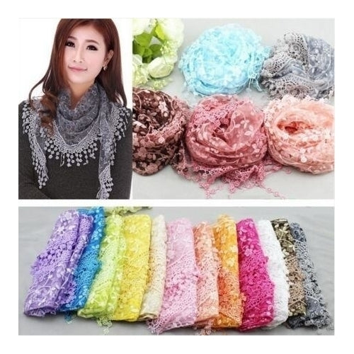 Women Lace Sheer Floral Triangle Veil Scarf Shawl Wrap Image 1