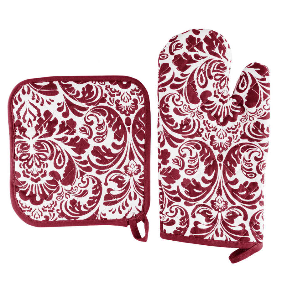 Oven Mitt and Pot Hold Oversized Flame Heat Protection Big Kitchen Safety Burgundy Image 1
