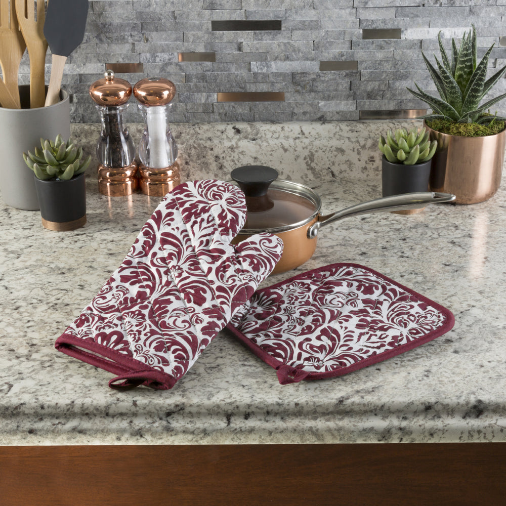 Oven Mitt and Pot Hold Oversized Flame Heat Protection Big Kitchen Safety Burgundy Image 2