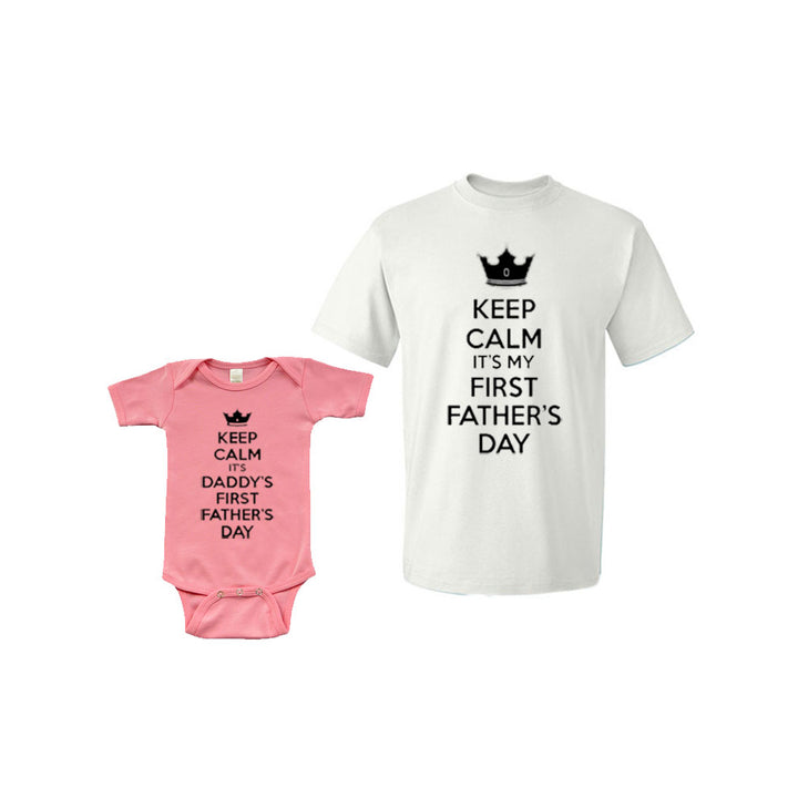 Matching Set - Keep Calm First Fathers Day - Short Sleeve Infant Onesie and Adult T-Shirt Image 1