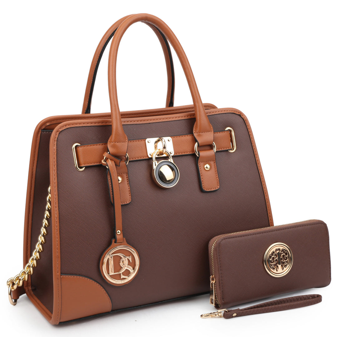 Dasein Womens Designer Medium Leather Padlock Belted Top Handle Satchel Handbag Purse Shoulder Bag With Matching Wallet Image 3