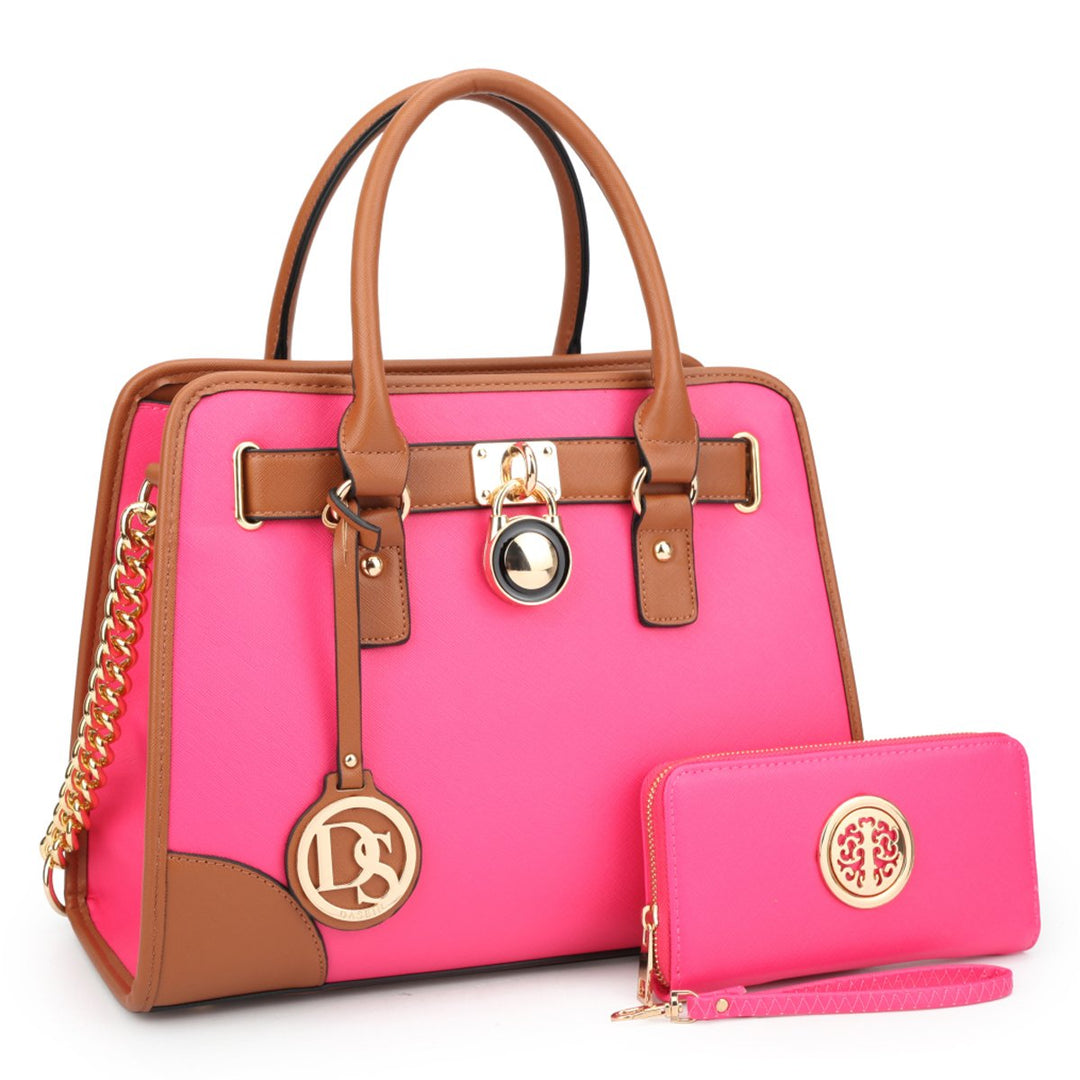 Dasein Womens Designer Medium Leather Padlock Belted Top Handle Satchel Handbag Purse Shoulder Bag With Matching Wallet Image 1