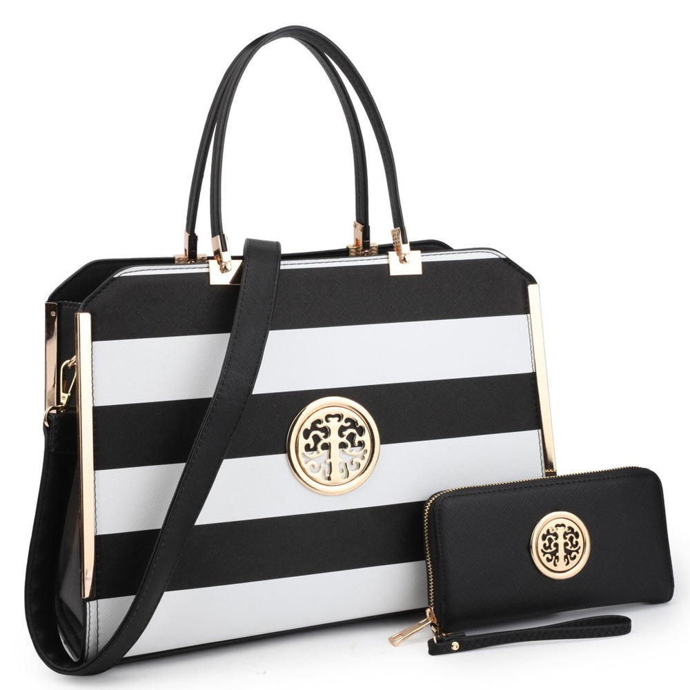 Dasein Womens Fashion Designer Purse Striped Faux Leather Briefcase with Matching Wallet Image 2