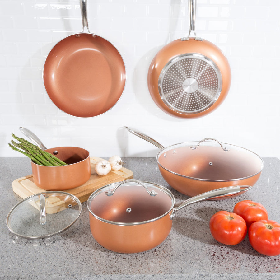 8 Pc Cookware Set with 2 Layer Nonstick Ceramic CoatingTempered Glass LidCopper Color Finish Dishwasher Oven Safe Image 1