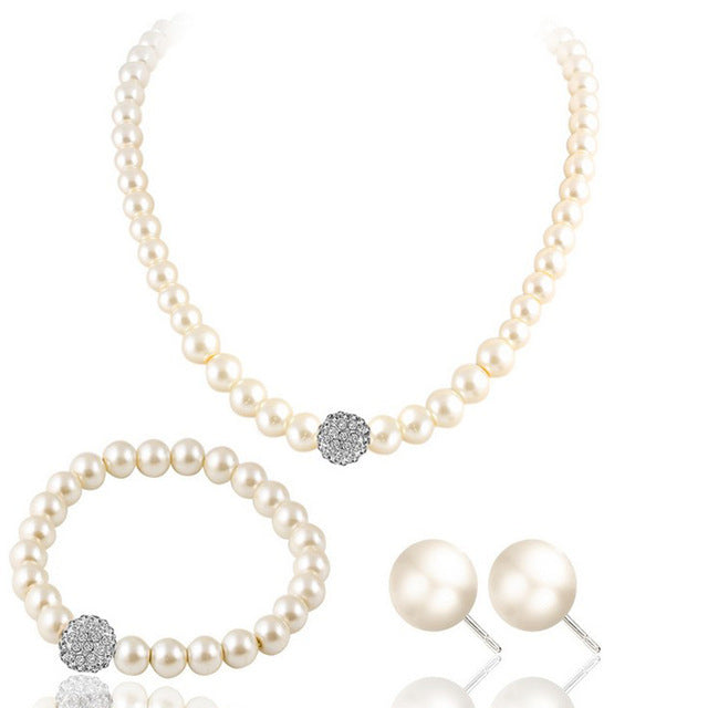 Cultured Freshwater White Pearl Necklace Bracelet and Stud Earring Jewelry Set Image 1