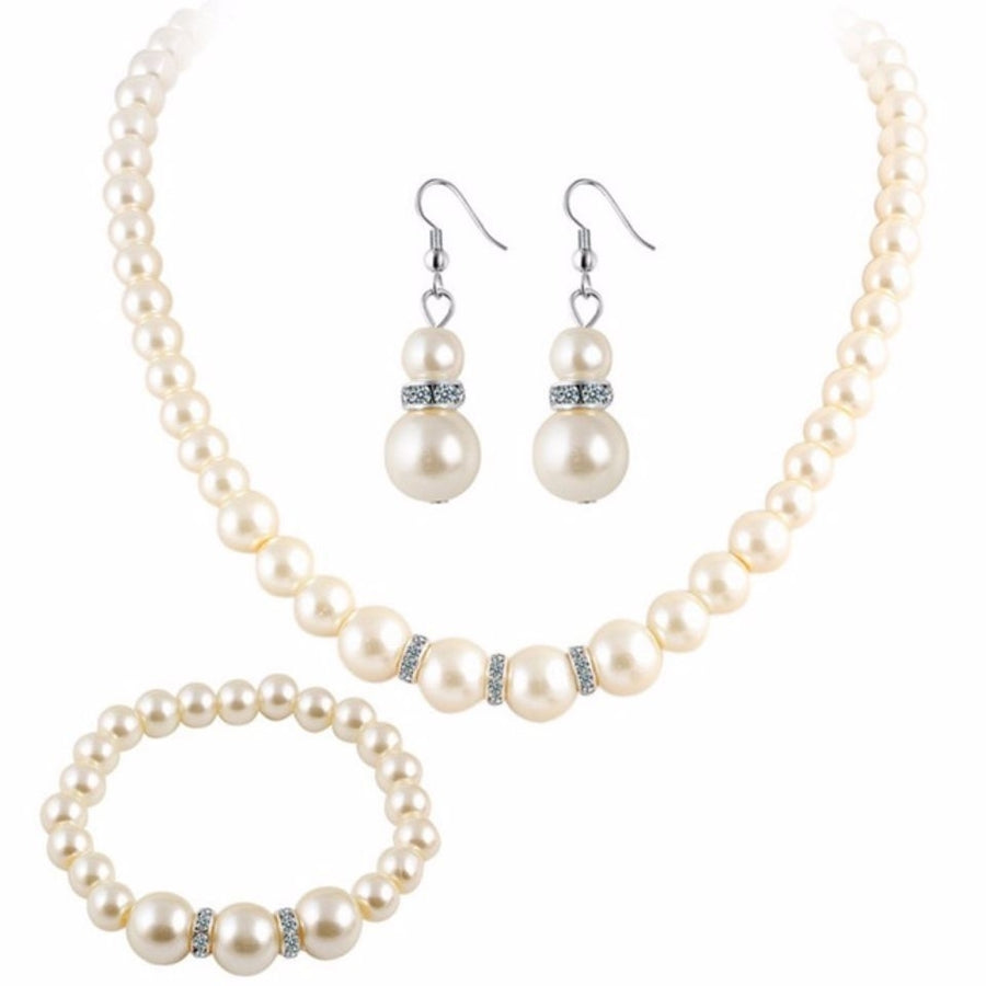Cultured Freshwater White Pearl Necklace Bracelet and Drop Earring Jewelry Set Image 1