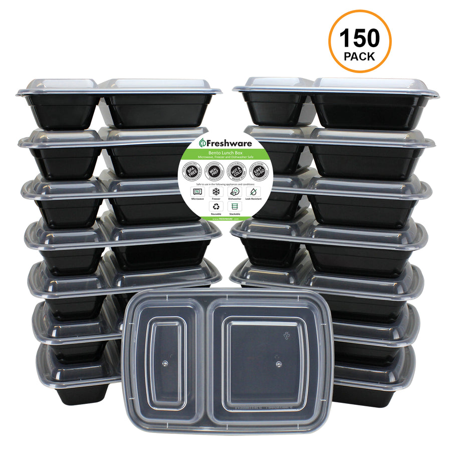 Freshware 150-Pack 2 Compartment Bento Lunch Boxes with Lids - Meal PrepPortion Control21 Day Fix and Food Storage Image 1