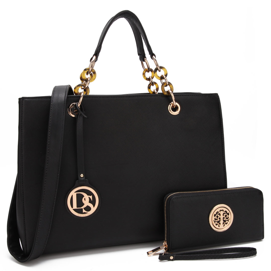 Dasein Saffiano Leather Chain Strap Satchel Handbag Tote Designer Purse Shoulder Bag Laptop Bag with Matching Wallet Image 6