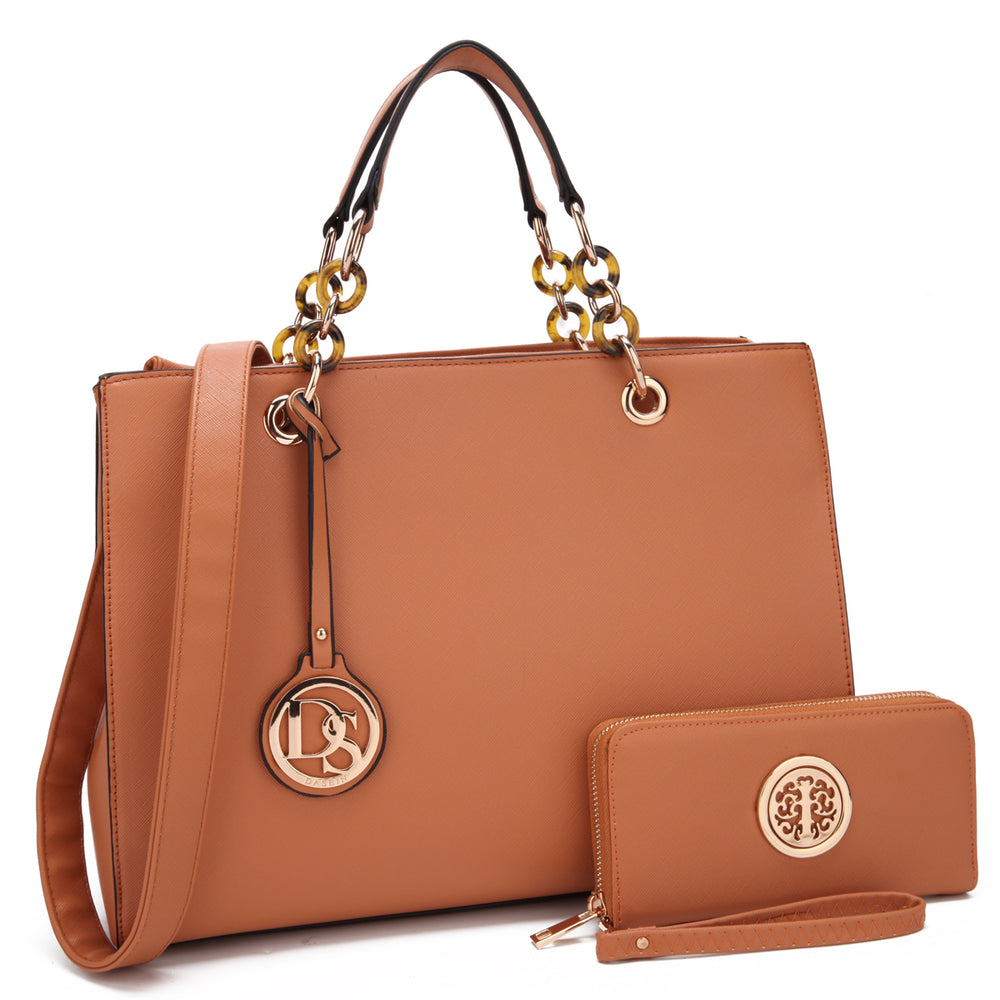 Dasein Saffiano Leather Chain Strap Satchel Handbag Tote Designer Purse Shoulder Bag Laptop Bag with Matching Wallet Image 2