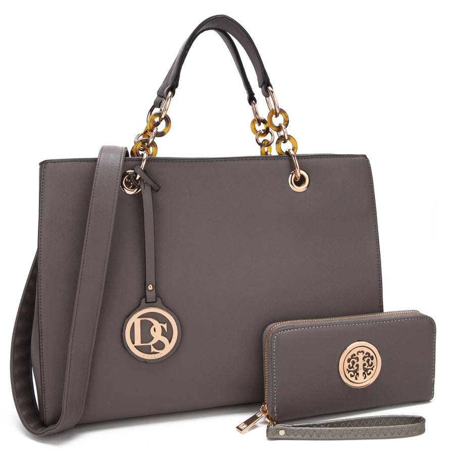 Dasein Saffiano Leather Chain Strap Satchel Handbag Tote Designer Purse Shoulder Bag Laptop Bag with Matching Wallet Image 1