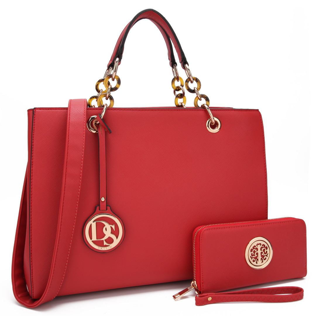 Dasein Saffiano Leather Chain Strap Satchel Handbag Tote Designer Purse Shoulder Bag Laptop Bag with Matching Wallet Image 4
