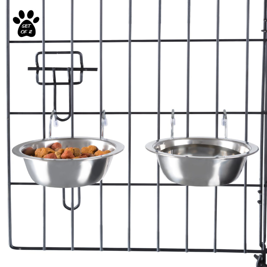 2 Stainless Steel Hanging Pet Bowls for Dogs and Cats- CageKenneland Crate Feeder Dish for Food and Water 8 OZ Image 1