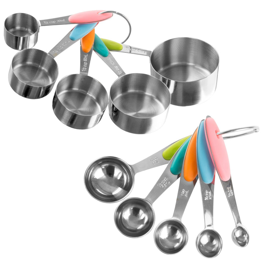 Measuring Cups and Spoons Matching Set Stainless Steel Silicone Handles Cups TBSP and Metric Image 1