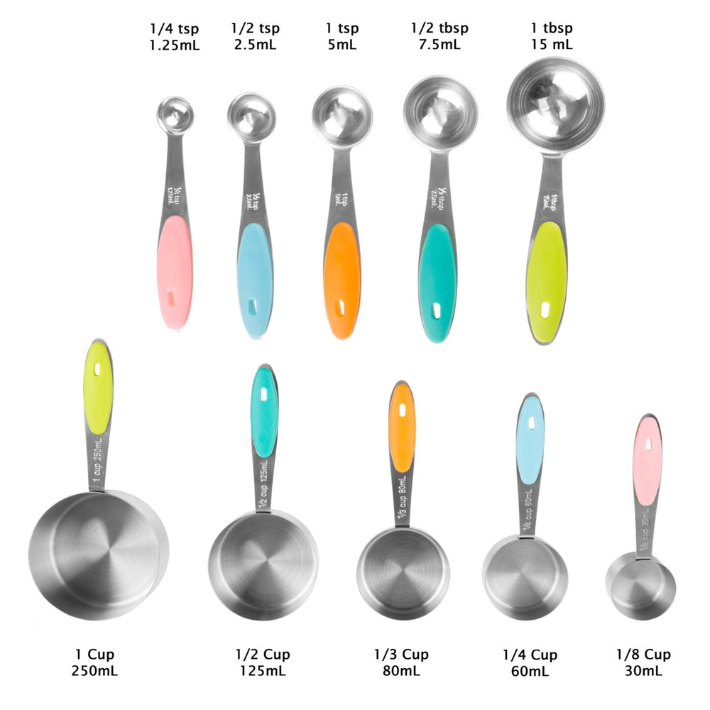Measuring Cups and Spoons Matching Set Stainless Steel Silicone Handles Cups TBSP and Metric Image 2