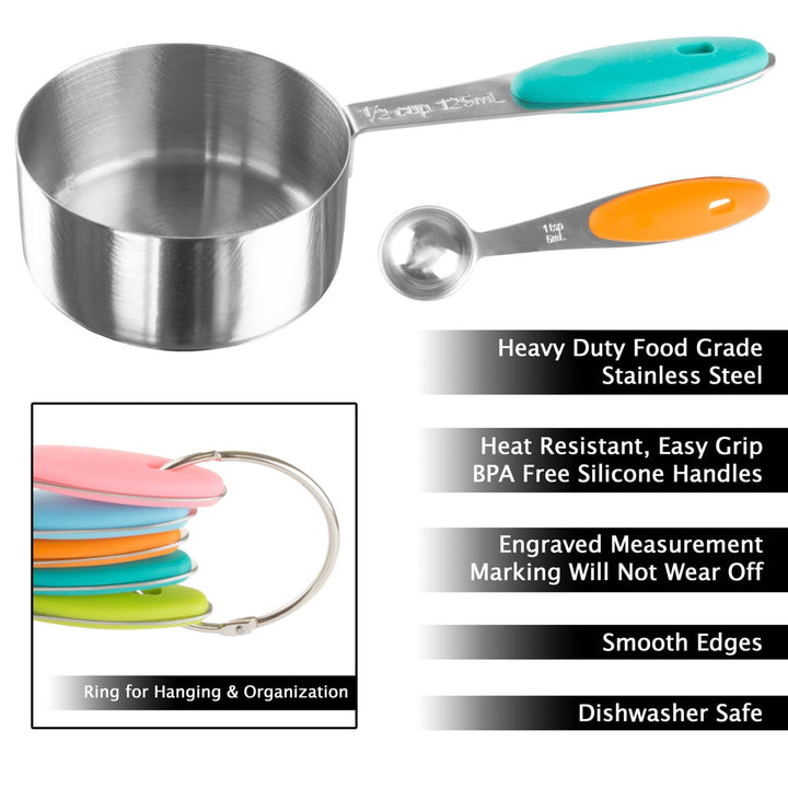 Measuring Cups and Spoons Matching Set Stainless Steel Silicone Handles Cups TBSP and Metric Image 3