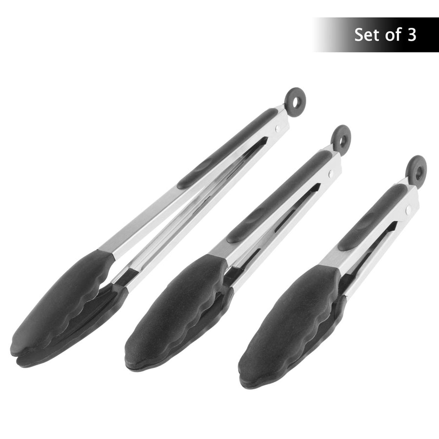 Set of 3 Non Stick Stainless Steel Silicone Locking Tongs for Cooking BBQ Grill Salads Image 1