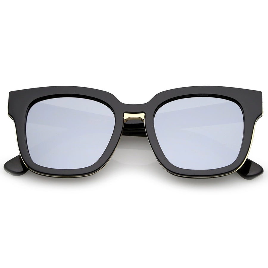 Modern Metal Trim Bridge Square Mirror Flat Lens Horn Rimmed Sunglasses 50mm Image 1