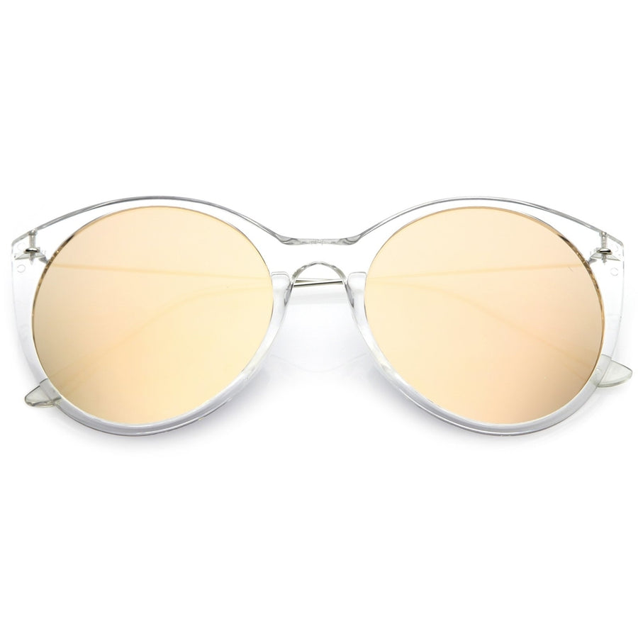 Transparent Cat Eye Sunglasses With Thin Metal Arms And Round Mirrored Flat Lens 56mm Image 1