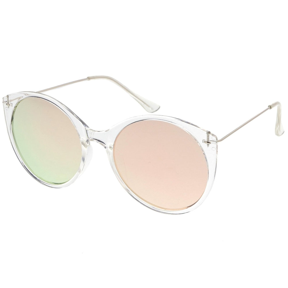 Transparent Cat Eye Sunglasses With Thin Metal Arms And Round Mirrored Flat Lens 56mm Image 2