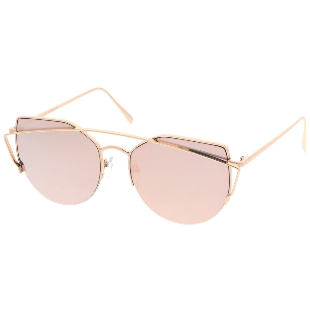 Womens Semi Rimless Metal Brow Bar Round Mirrored Flat Lens Cat Eye Sunglasses Image 2