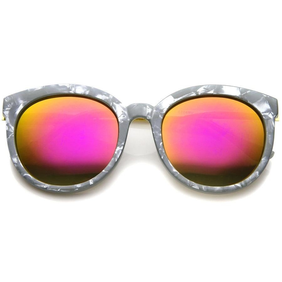 Womens Oversized Marble Finish Metal Temple Mirrored Lens Round Sunglasses Image 1