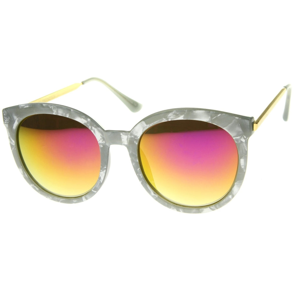 Womens Oversized Marble Finish Metal Temple Mirrored Lens Round Sunglasses Image 2