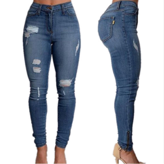 Womens Sexy High Waist Pencil Jeans Casual Blue Ripped Denim Trousers Image 1