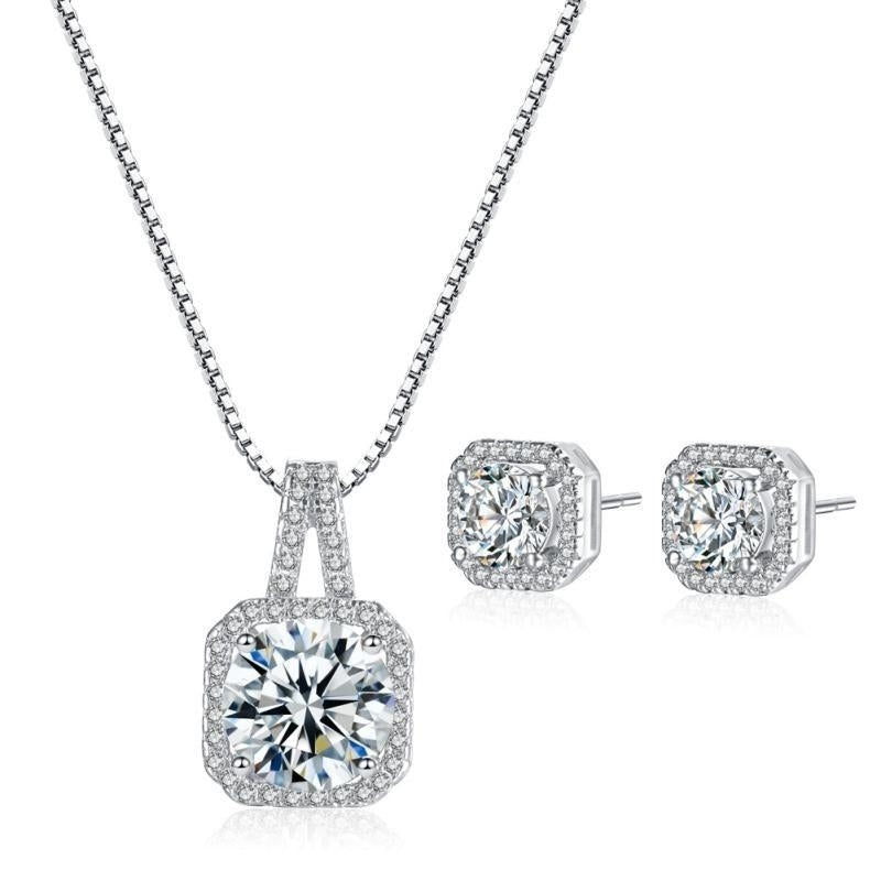 Princess Cut White Gold CZ Crystal Stud Earrings Pendant Necklace Jewelry Set Image 1