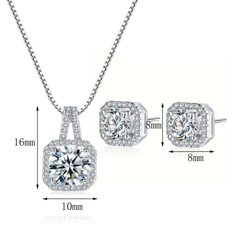 Princess Cut White Gold CZ Crystal Stud Earrings Pendant Necklace Jewelry Set Image 2