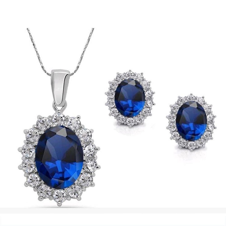 Silver Blue Crystal Jewelry CZ Necklace and Earrings Set Image 1