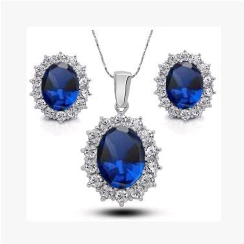 Silver Blue Crystal Jewelry CZ Necklace and Earrings Set Image 2