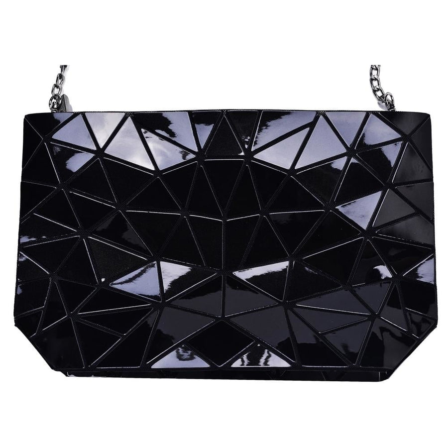 Black Glossy Shoulder Handbag with Metal Chain and Stylish Geometric Design - Crossbody Messenger Bag Purse for Casual Image 1