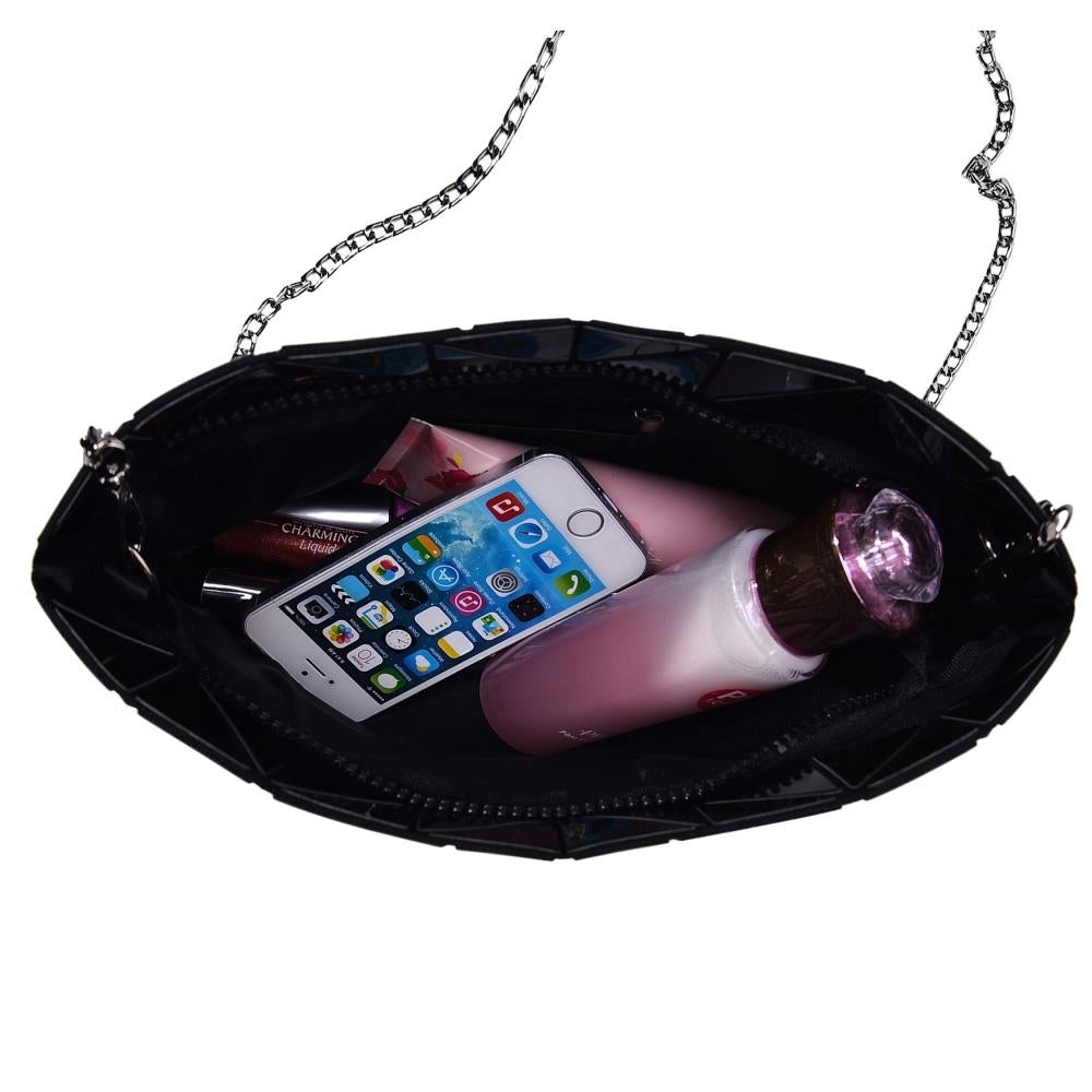 Black Glossy Shoulder Handbag with Metal Chain and Stylish Geometric Design - Crossbody Messenger Bag Purse for Casual Image 2