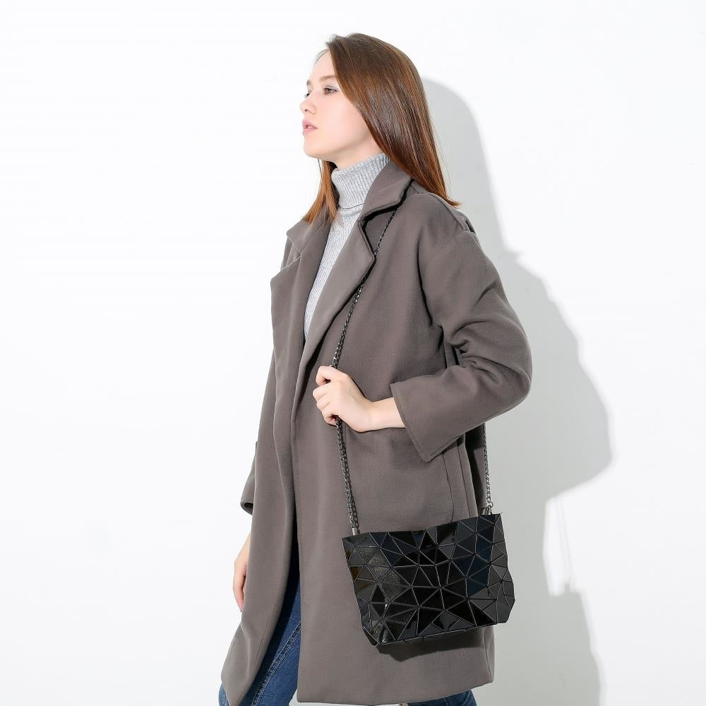 Black Glossy Shoulder Handbag with Metal Chain and Stylish Geometric Design - Crossbody Messenger Bag Purse for Casual Image 4