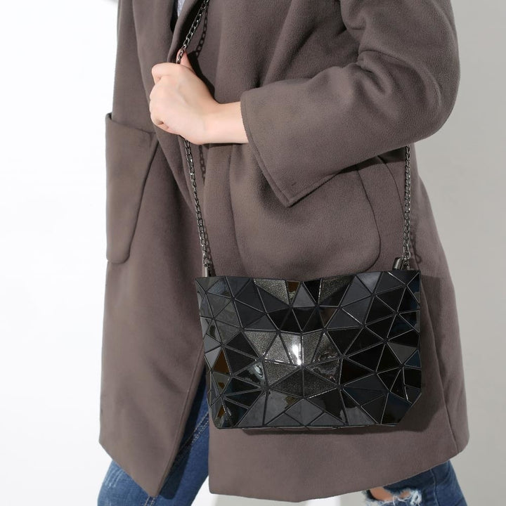 Black Glossy Shoulder Handbag with Metal Chain and Stylish Geometric Design - Crossbody Messenger Bag Purse for Casual Image 6