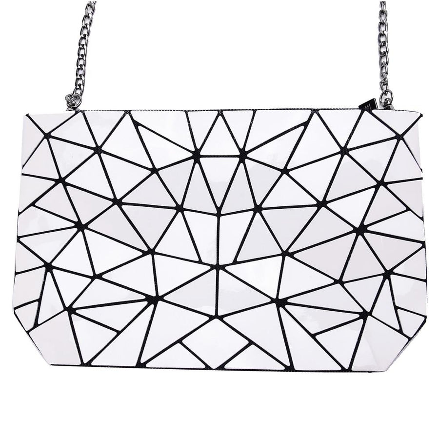 White Glossy Shoulder Handbag with Metal Chain and Stylish Geometric Design - Crossbody Messenger Bag Purse for Casual Image 1