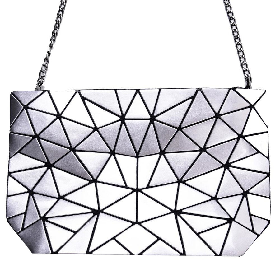 Silver Glossy Shoulder Handbag with Metal Chain and Stylish Geometric Design - Crossbody Messenger Bag Purse for Casual Image 1