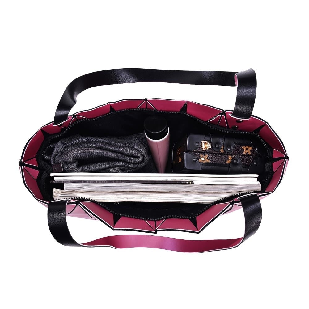 Pink Diamond Lattice Handbag for Women - Gloss Convertible Shoulder Tote Bag with Adjustable Handles - PU Image 2