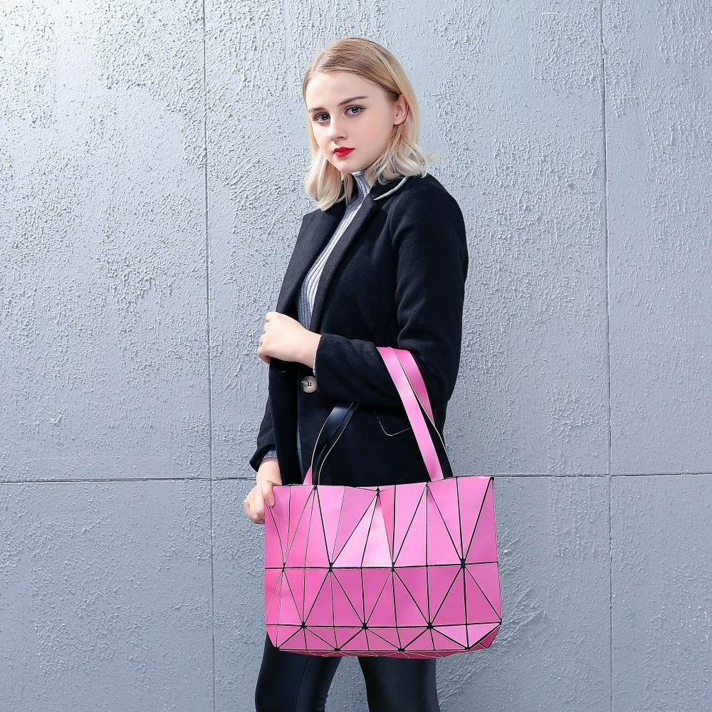 Pink Diamond Lattice Handbag for Women - Gloss Convertible Shoulder Tote Bag with Adjustable Handles - PU Image 3