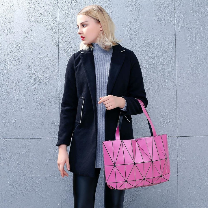 Pink Diamond Lattice Handbag for Women - Gloss Convertible Shoulder Tote Bag with Adjustable Handles - PU Image 4