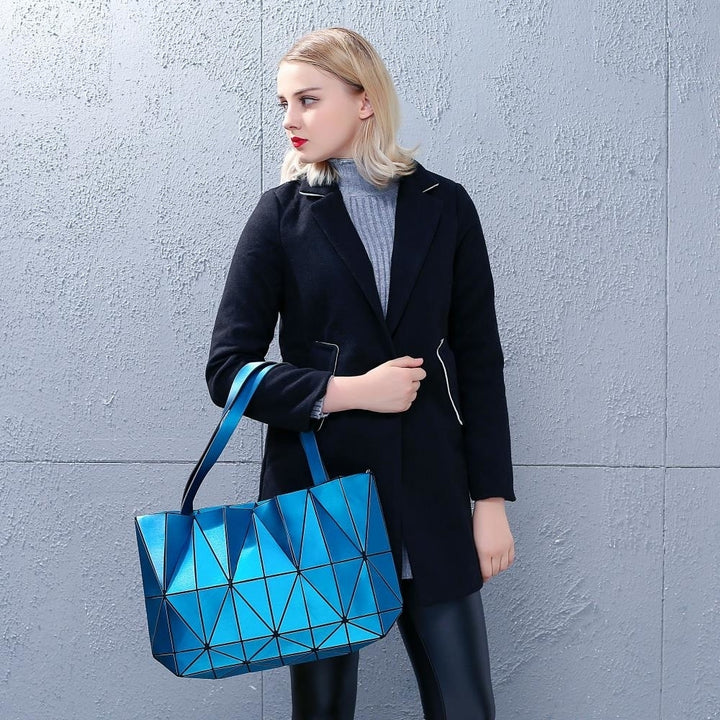 Blue Diamond Lattice Handbag for Women - Gloss Convertible Shoulder Tote Bag with Adjustable Handles - PU Image 4