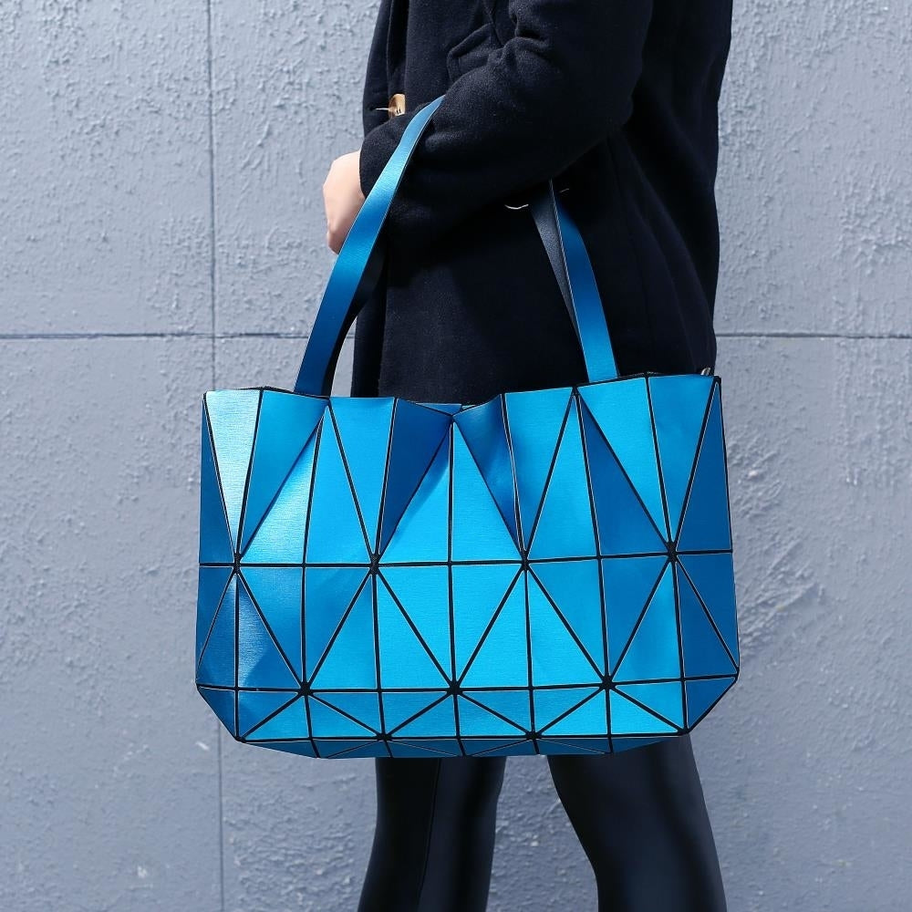 Blue Diamond Lattice Handbag for Women - Gloss Convertible Shoulder Tote Bag with Adjustable Handles - PU Image 6