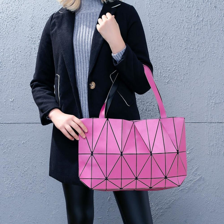 Pink Diamond Lattice Handbag for Women - Gloss Convertible Shoulder Tote Bag with Adjustable Handles - PU Image 6
