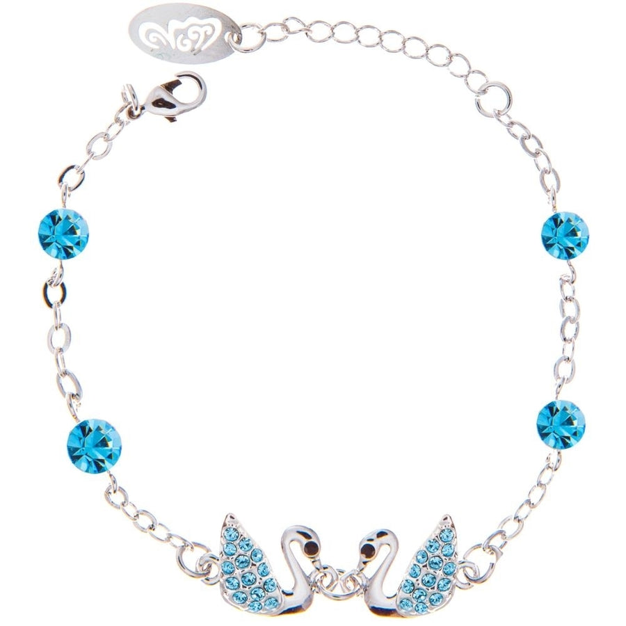 Rhodium Plated Bracelet with Loving Swans Design with Lobster Clasp and fine Ocean Blue Crystals by Matashi Image 1