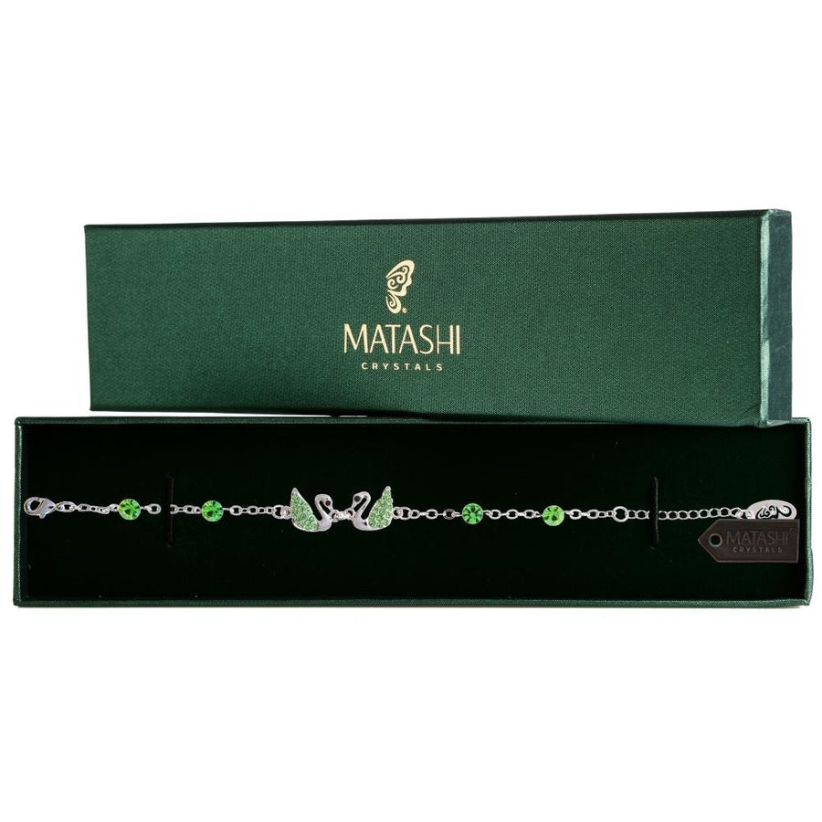 Rhodium Plated Bracelet with Loving Swans Design with Lobster Clasp and fine Olive Green Crystals by Matashi Image 1