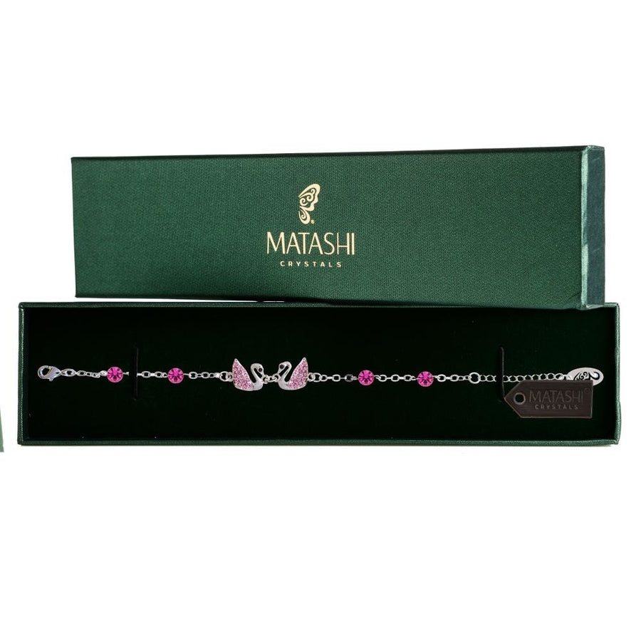 Rhodium Plated Bracelet with Loving Swans Design with Lobster Clasp and fine Rose Crystals by Matashi Image 1