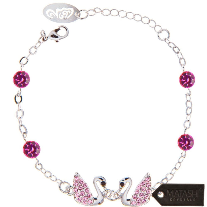 Rhodium Plated Bracelet with Loving Swans Design with Lobster Clasp and fine Rose Crystals by Matashi Image 3