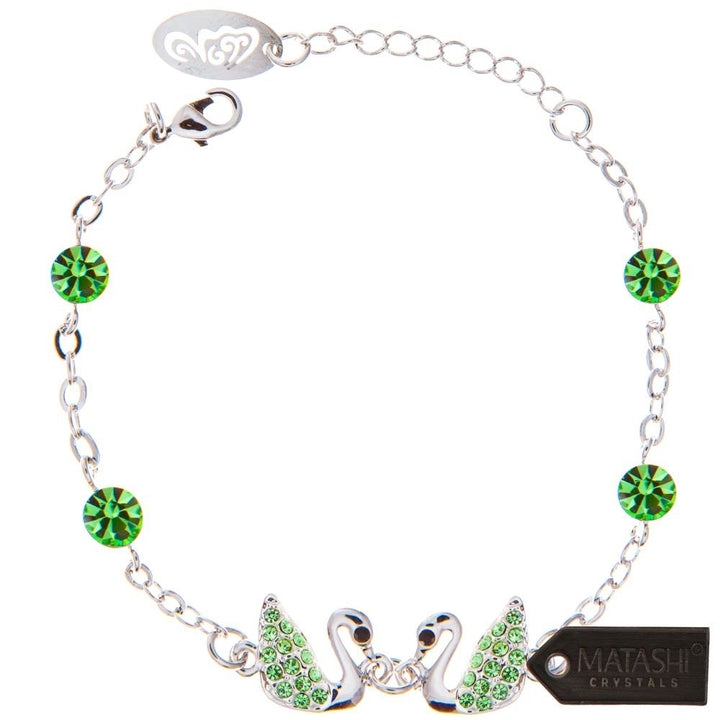 Rhodium Plated Bracelet with Loving Swans Design with Lobster Clasp and fine Olive Green Crystals by Matashi Image 3