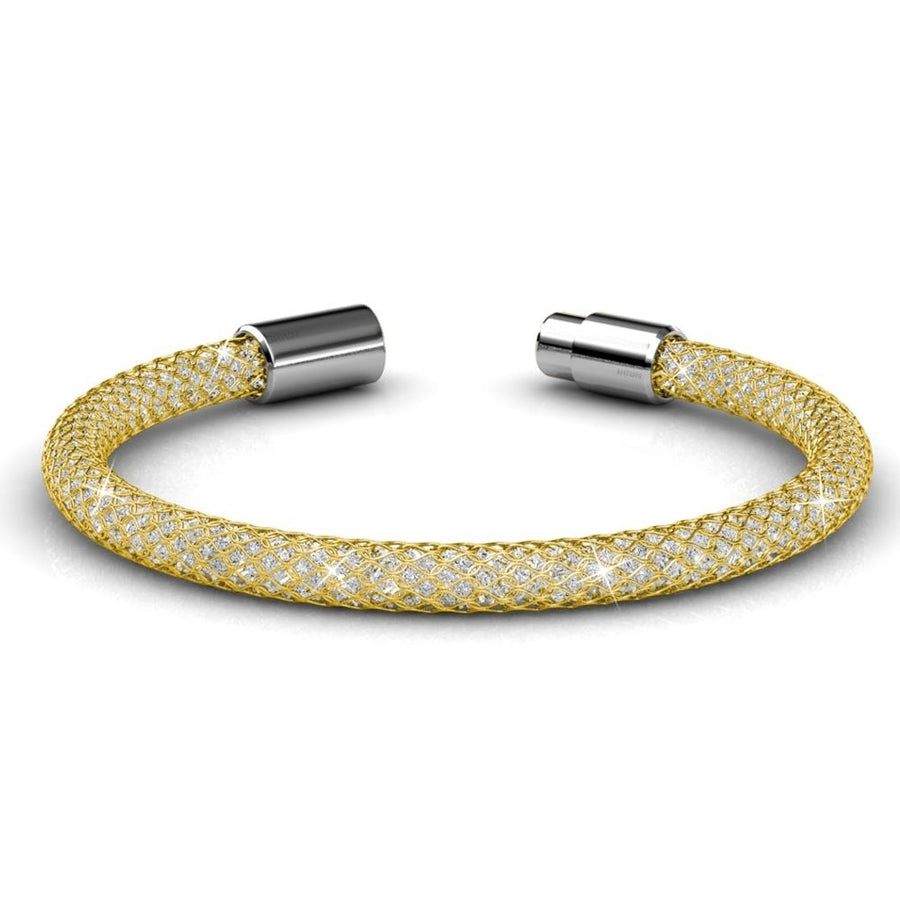 7" 18K Gold Plated Mesh Bangle Bracelet with Magnetic Clasp and fine Crystals by Matashi Image 1